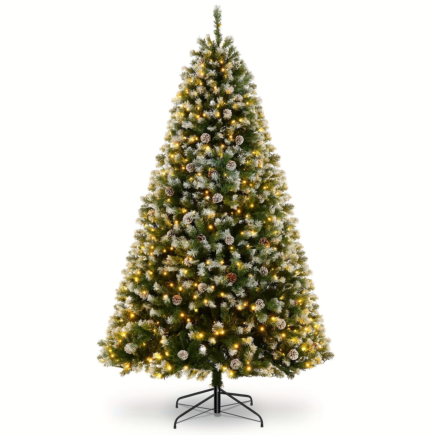 7FT Hinged Artificial Christmas Tree with 550 Lights, 80 Pine Cones, Partially Flocked & Foldable Metal Base for Home, Store, Office Party Decoration