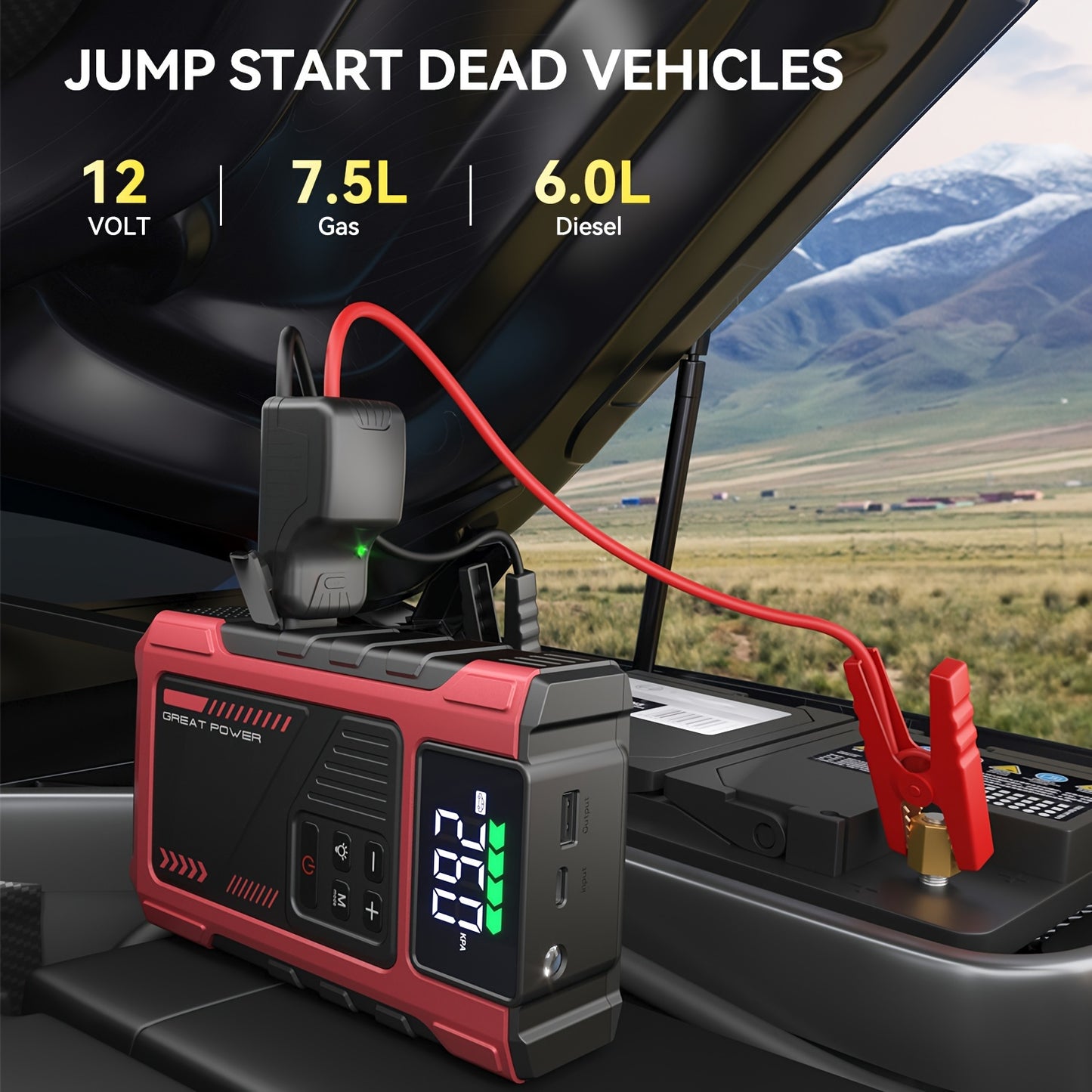 150PSI Car Jump Starter With Air Portable Jump Box, 12V Car Battery Booster, Tire Inflator For 7.5L Gas/6.0L Diesel Engines, Car Emergency Kit, Battery Pack, Battery Charger