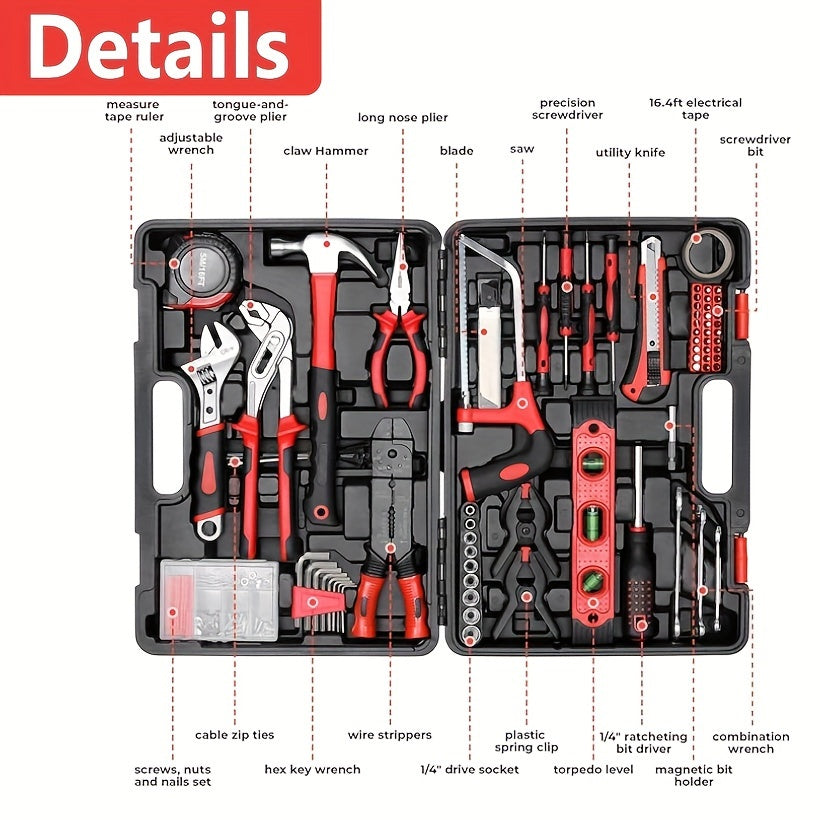 218pcs/198pcs Set Tool Kit, Fathers Day Gifts Tool Set Mechanics Kit, Portable Tool Box Set With Saw Adjustable Wrench Drive Socket Combination Wrench, With Plastic Toolbox, For Home Apartment Garage, Perfect Gift For Halloween And Christmas