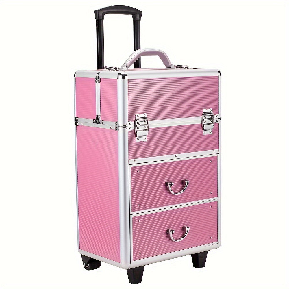 Stylish Pink Lockable Cosmetic Makeup Case with 4 Tiers & Extendable Trays - Spacious, Secure, and Chic