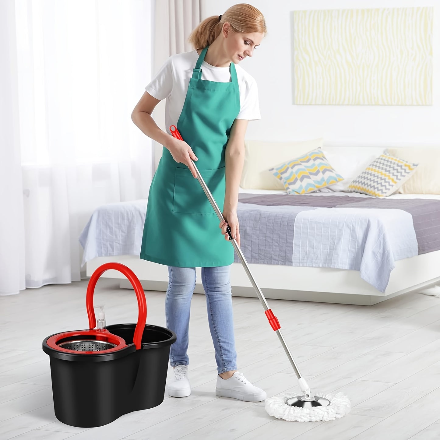 Spin Mop And Bucket With Wringer Set, Bathroom Mop Bucket, School Bathroom, 360° Spinning Mop Bucket System With 3 Microfiber Mop Replacement Heads And 61" Stainless Steel Adjustable Handle For Floor Cleaning, Bucket Floor Cleaning System