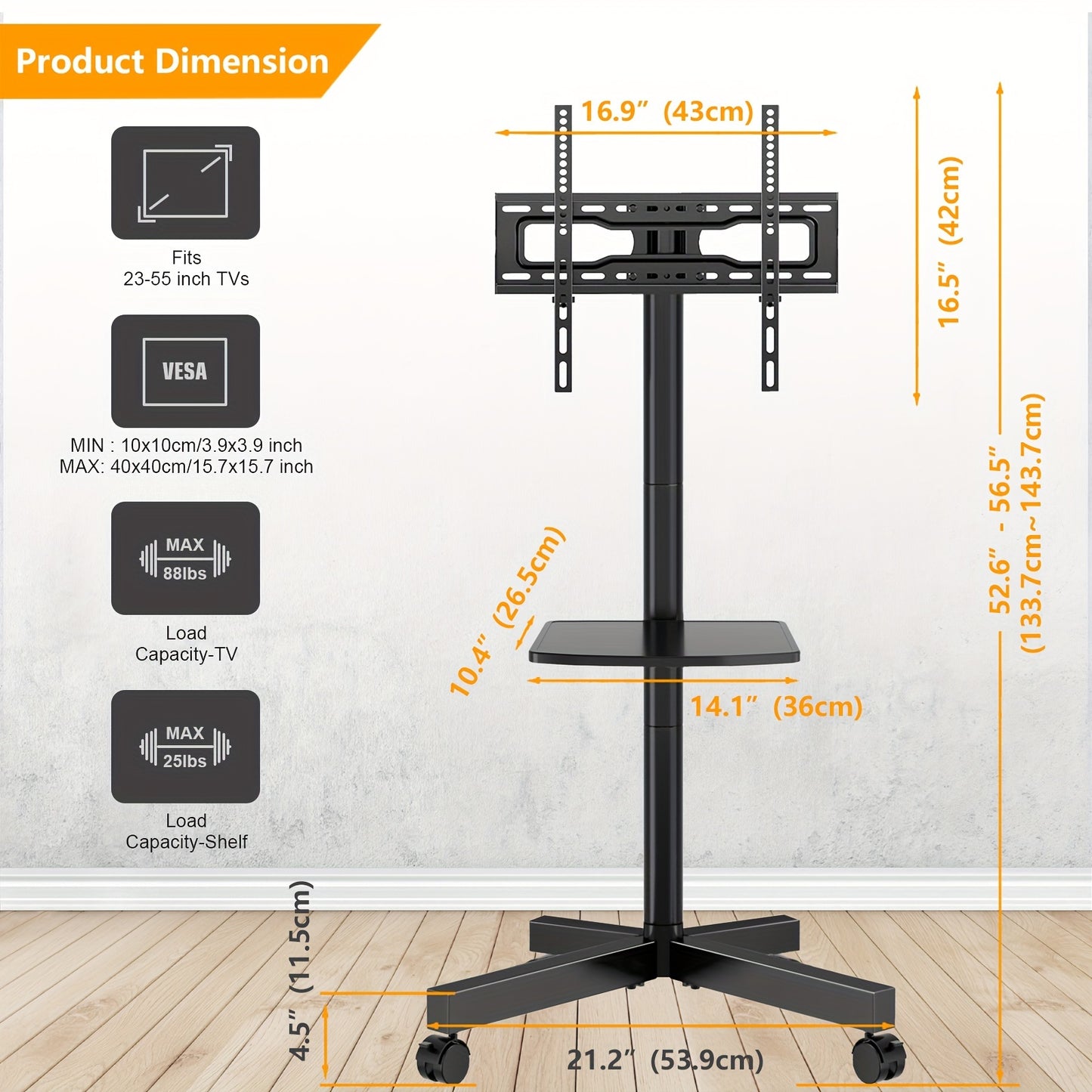 Universal Mobile TV Cart for 23in-55inch TV with Mute Wheel up to 88lbs