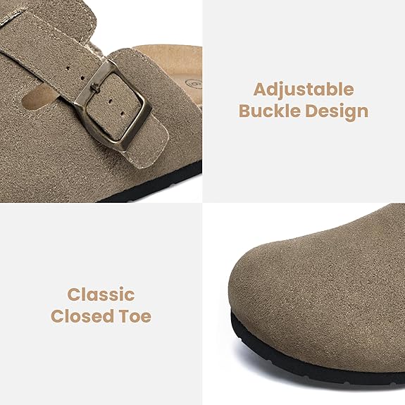 Women's Suede Clogs Soft Cork Footbed Leather Mules Comfort Potato Shoes with Arch Support