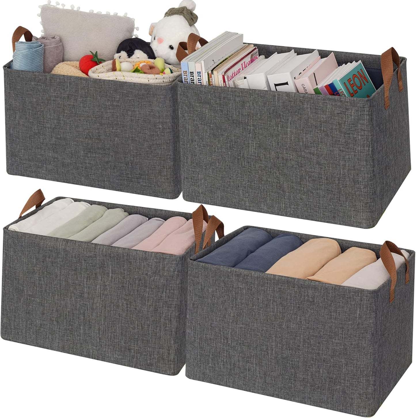 Storage Basket with Handles, Fabric Storage Bins with Metal Frame, Collapsible Clothes Organizer, Decorative Shelves Baskets, Container for Organizing, Extra Large, Gray&White, 4-Pack