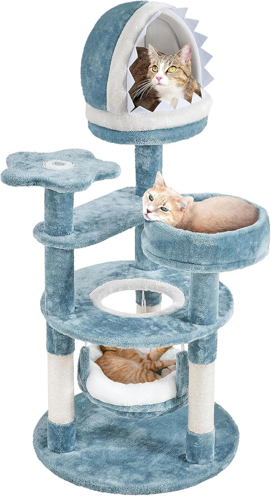 45.5in Ocean-Themed Cat Tree Multi-Level Cat Tower, Plush Cat Furniture with Shark's Mouth-Shaped Nest, Sea Star-Shaped Perch, Jellyfish-Style Hammock for Indoor Cat Kitty