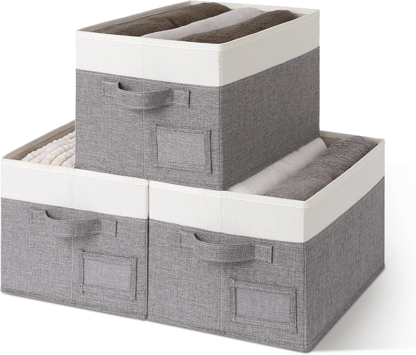 Storage Bins for Closet, Fabric Storage Boxes with Handles, Closet Organizers and Storage Bins for Closet Organization, Shelf Baskets Storage, Large, Gray/White, 3-Pack