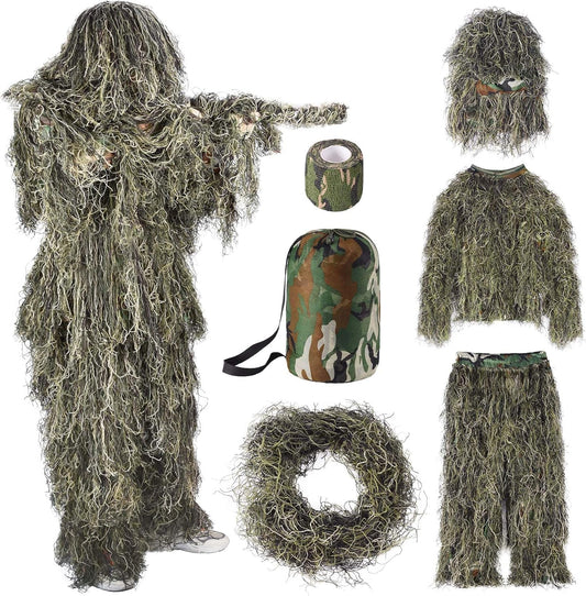 6 in 1 Ghillie Suit, 3D Camouflage Hunting Apparel Including Jacket, Pants, Hood, Carry Bag and Camo Tapes