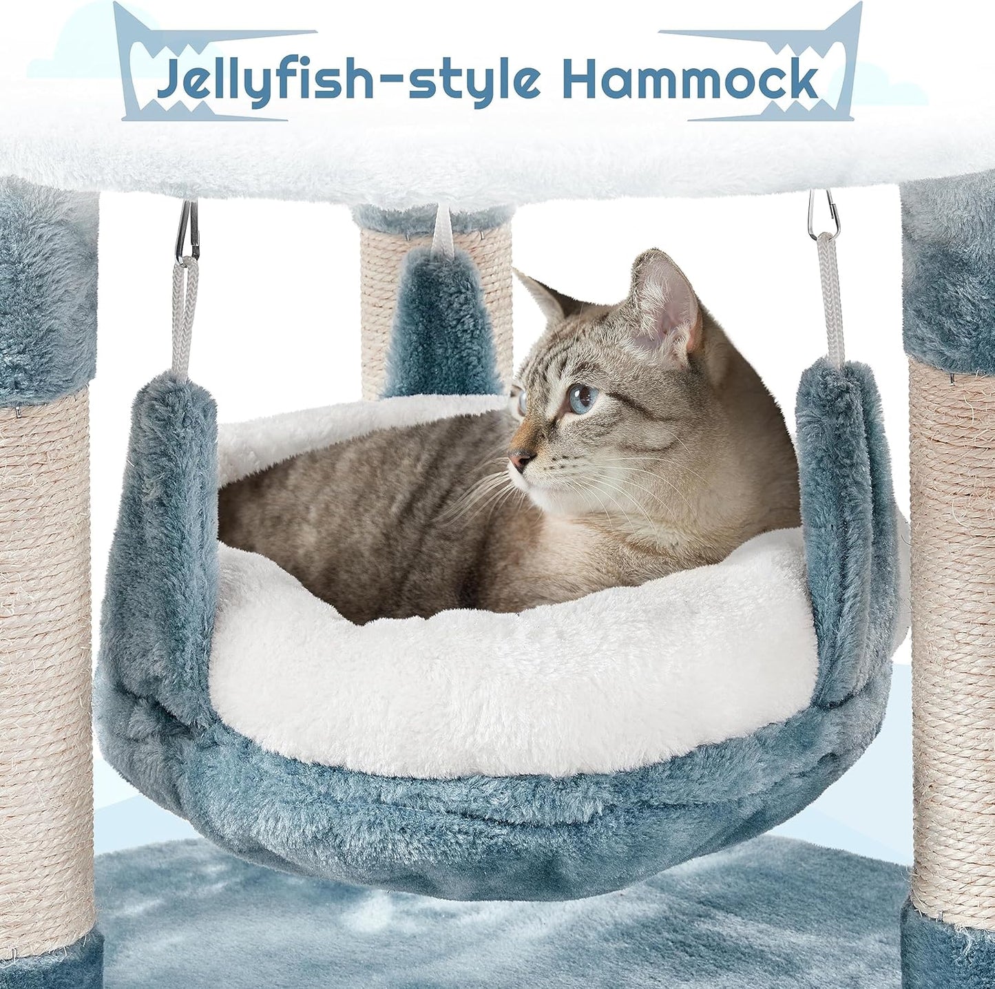 45.5in Ocean-Themed Cat Tree Multi-Level Cat Tower, Plush Cat Furniture with Shark's Mouth-Shaped Nest, Sea Star-Shaped Perch, Jellyfish-Style Hammock for Indoor Cat Kitty