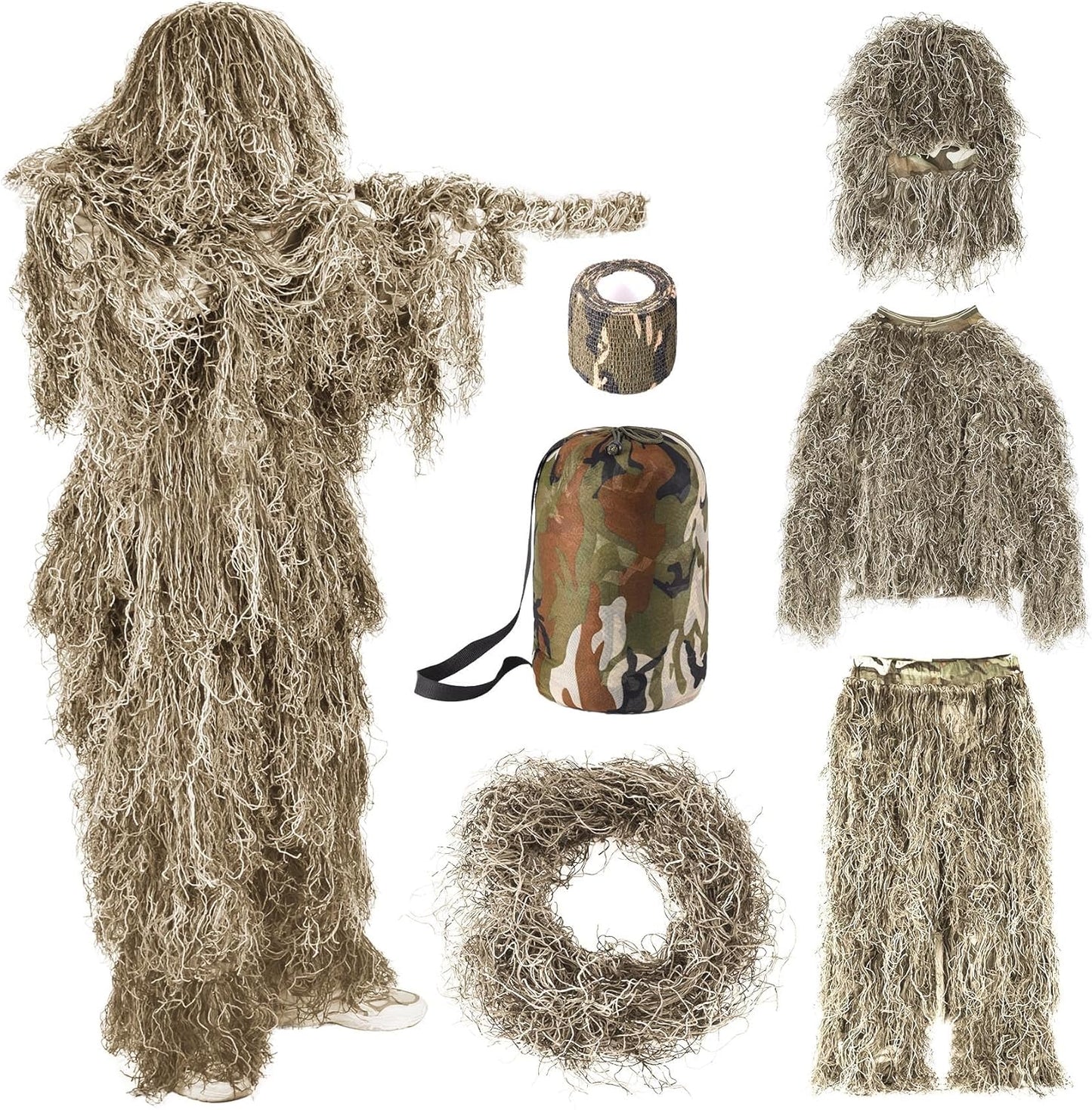 6 in 1 Ghillie Suit, 3D Camouflage Hunting Apparel Including Jacket, Pants, Hood, Carry Bag and Camo Tapes