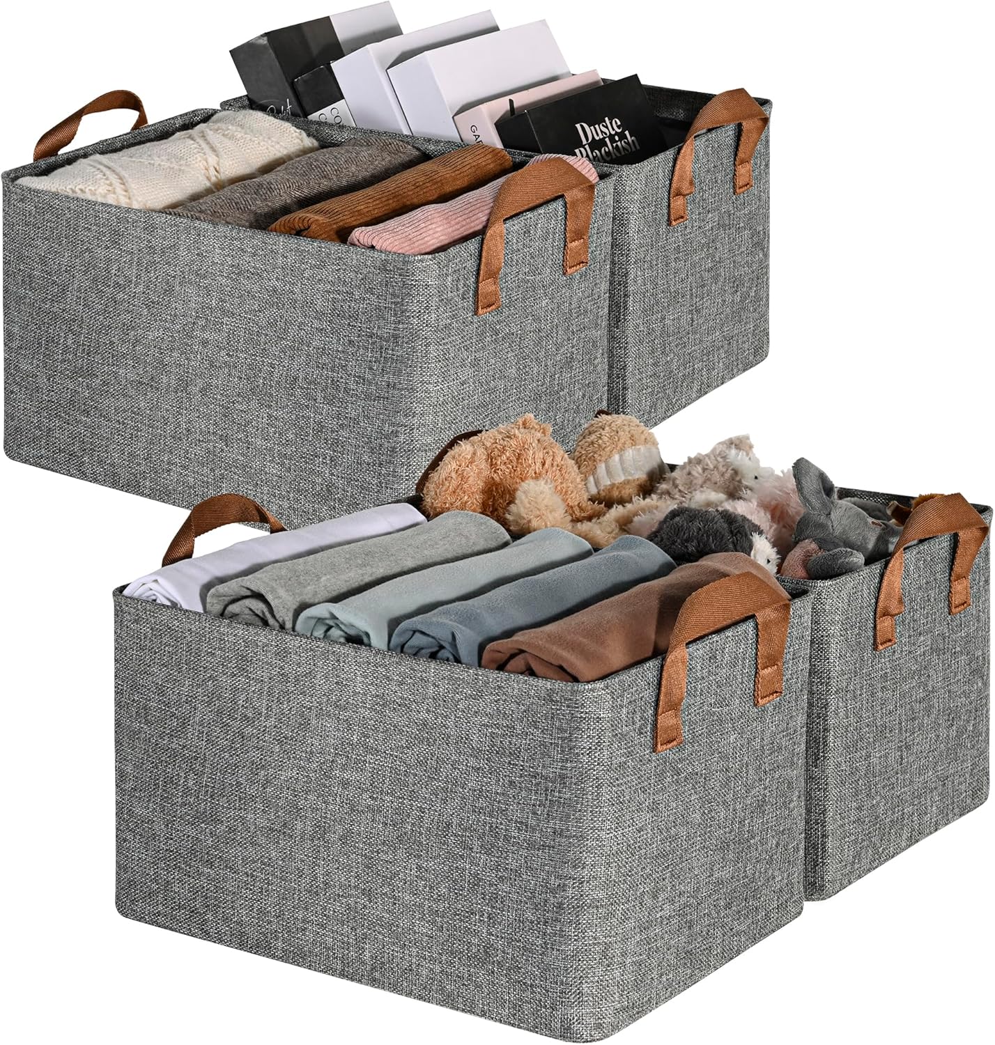 Storage Basket with Handles, Fabric Storage Bins with Metal Frame, Collapsible Clothes Organizer, Decorative Shelves Baskets, Container for Organizing, Extra Large, Gray&White, 4-Pack