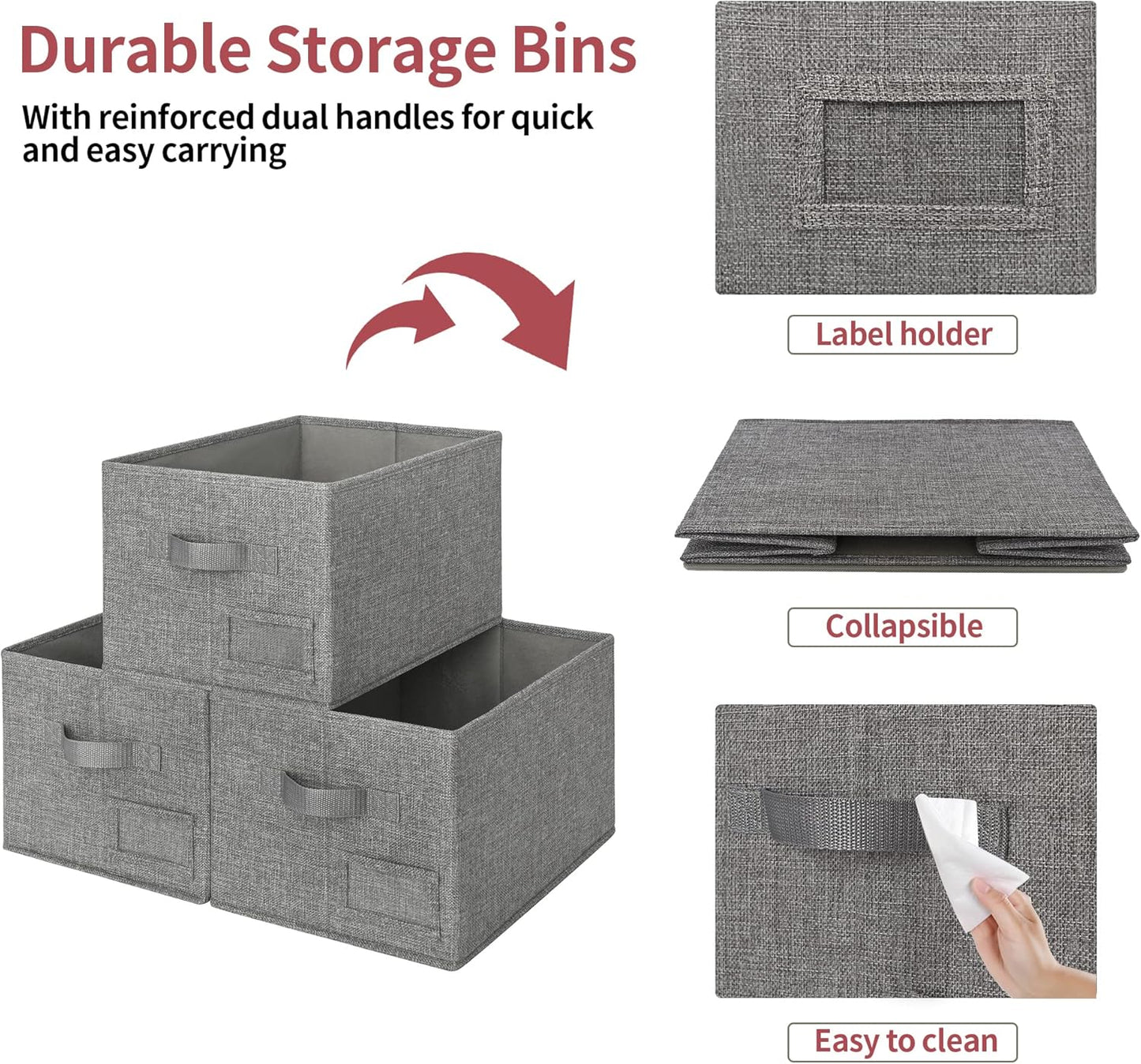 Storage Bins for Closet, Fabric Storage Boxes with Handles, Closet Organizers and Storage Bins for Closet Organization, Shelf Baskets Storage, Large, Gray/White, 3-Pack