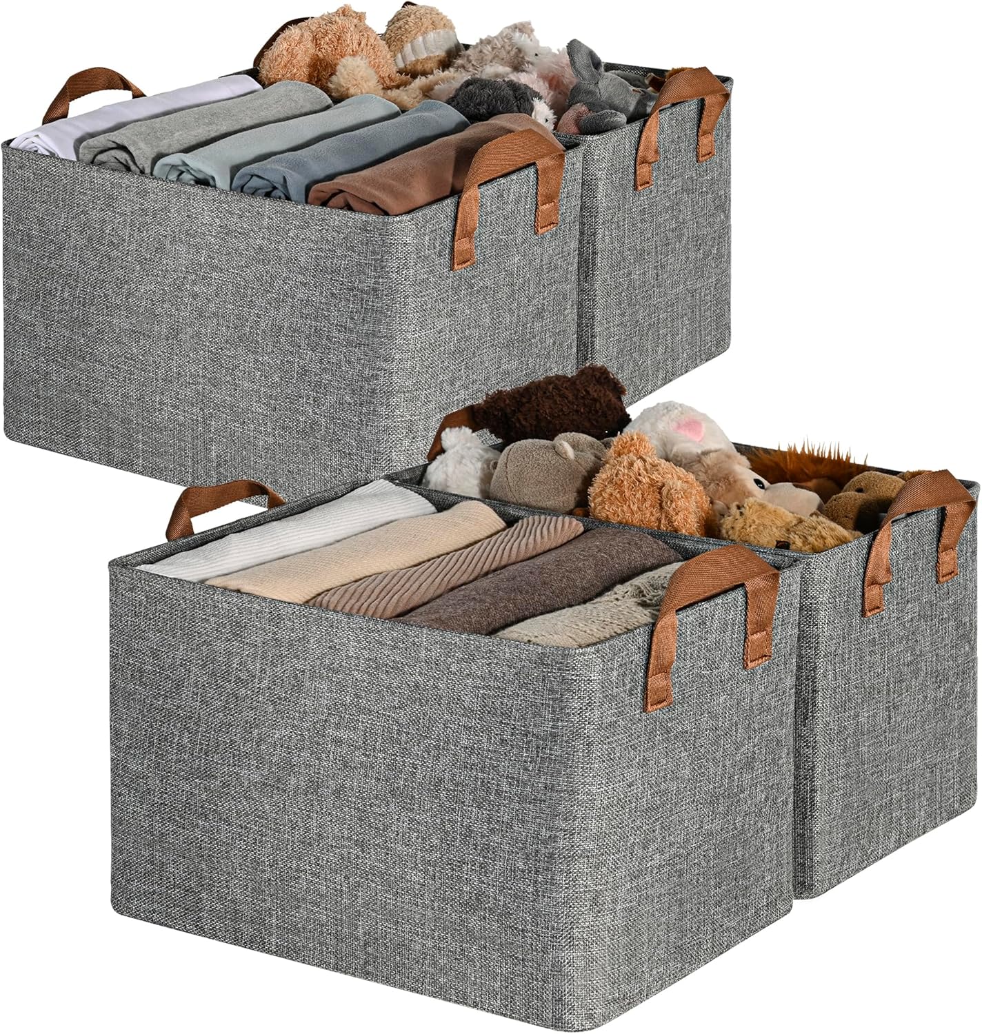 Storage Basket with Handles, Fabric Storage Bins with Metal Frame, Collapsible Clothes Organizer, Decorative Shelves Baskets, Container for Organizing, Extra Large, Gray&White, 4-Pack