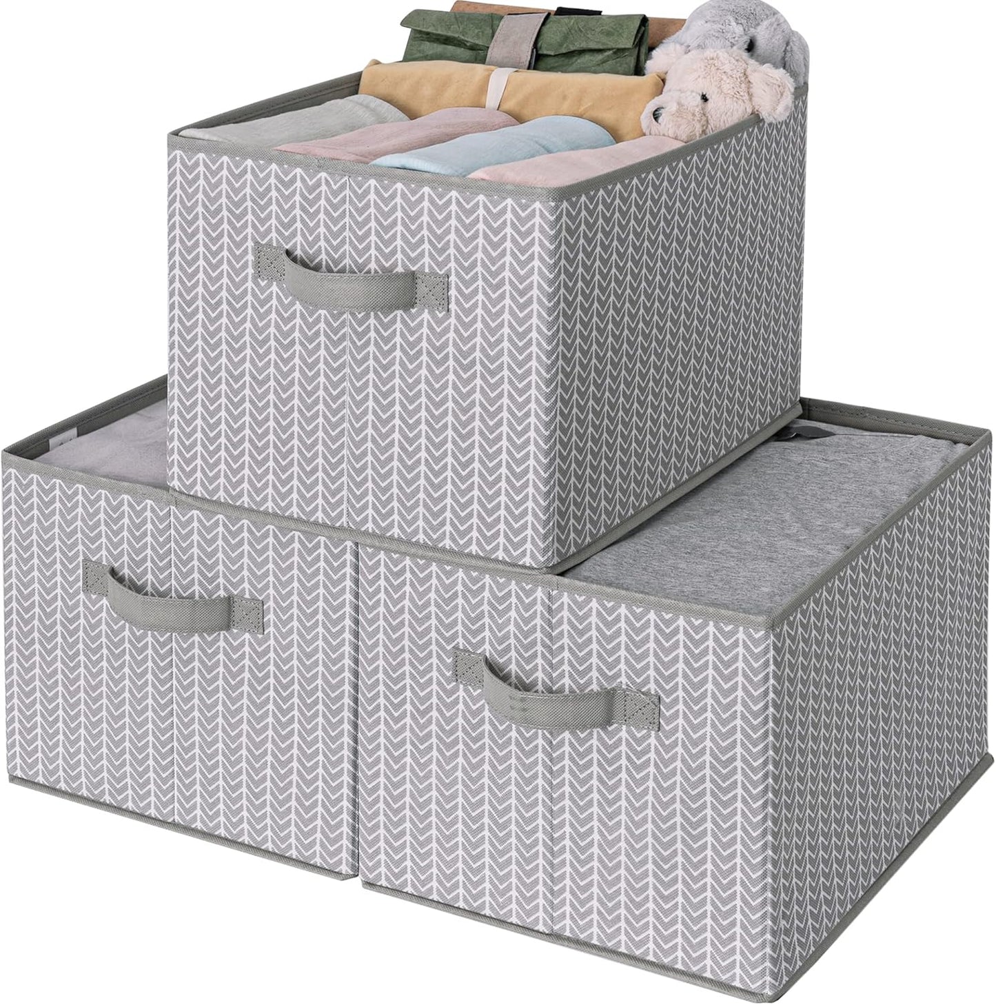 Storage Bins for Closet, Fabric Storage Boxes with Handles, Closet Organizers and Storage Bins for Closet Organization, Shelf Baskets Storage, Large, Gray/White, 3-Pack