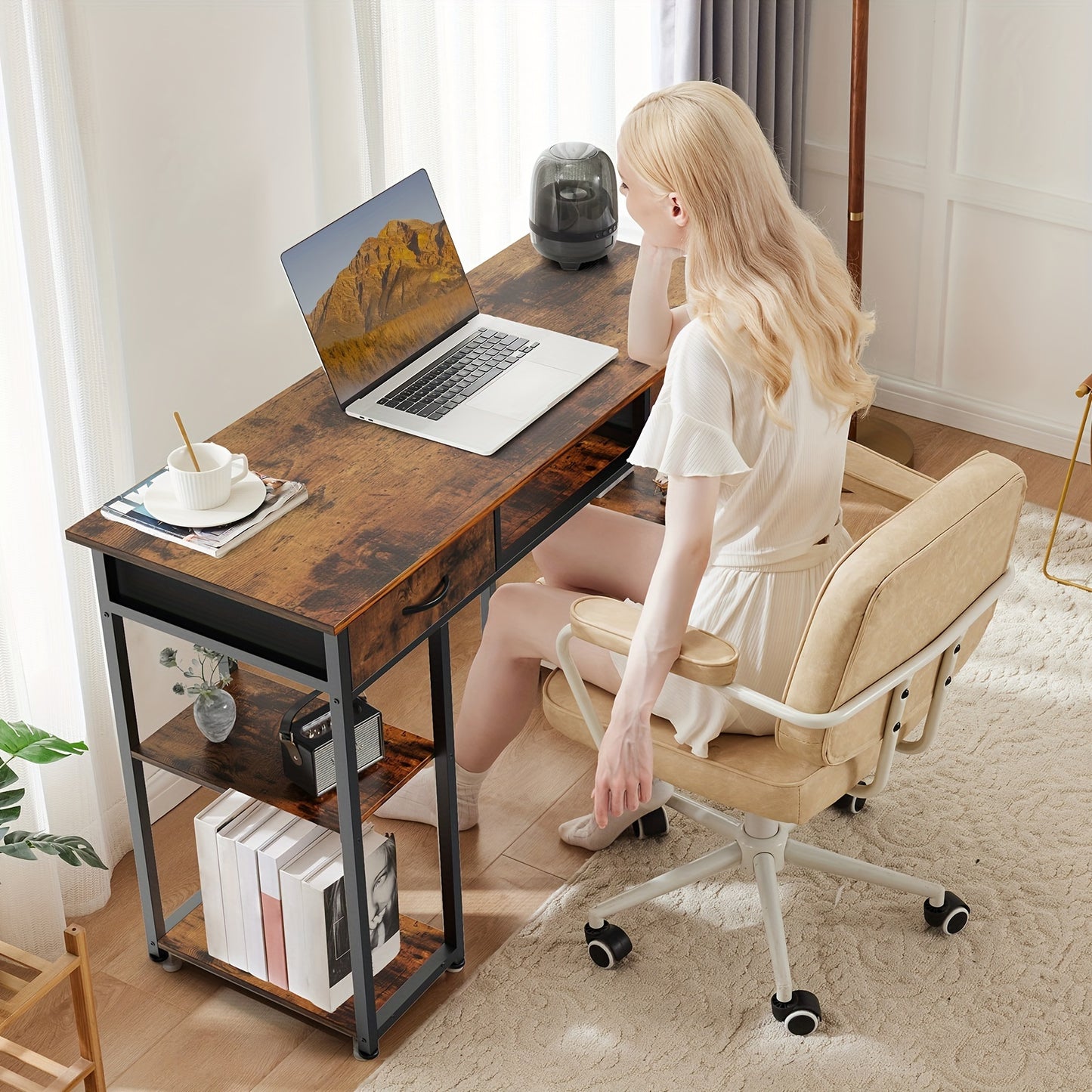 48-inch Computer Desk With 2 Fabric Drawers And Storage Shelves, Keyboard Tray Included, Storage Solution For Bedroom & Home Office, Available In Classic White, Black & Rust Brown Color