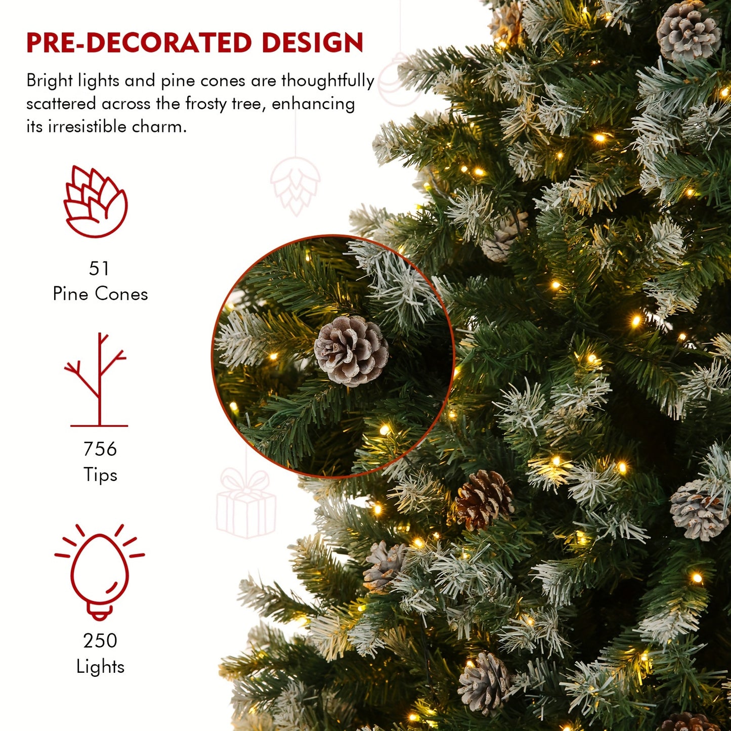 6ft/7.5ft Pre-Lit Jet White Artificial Christmas Tree with Collapsible Metal Stand, Warming Lights, and Pine Cones for Home Party Halloween Christmas Decoration