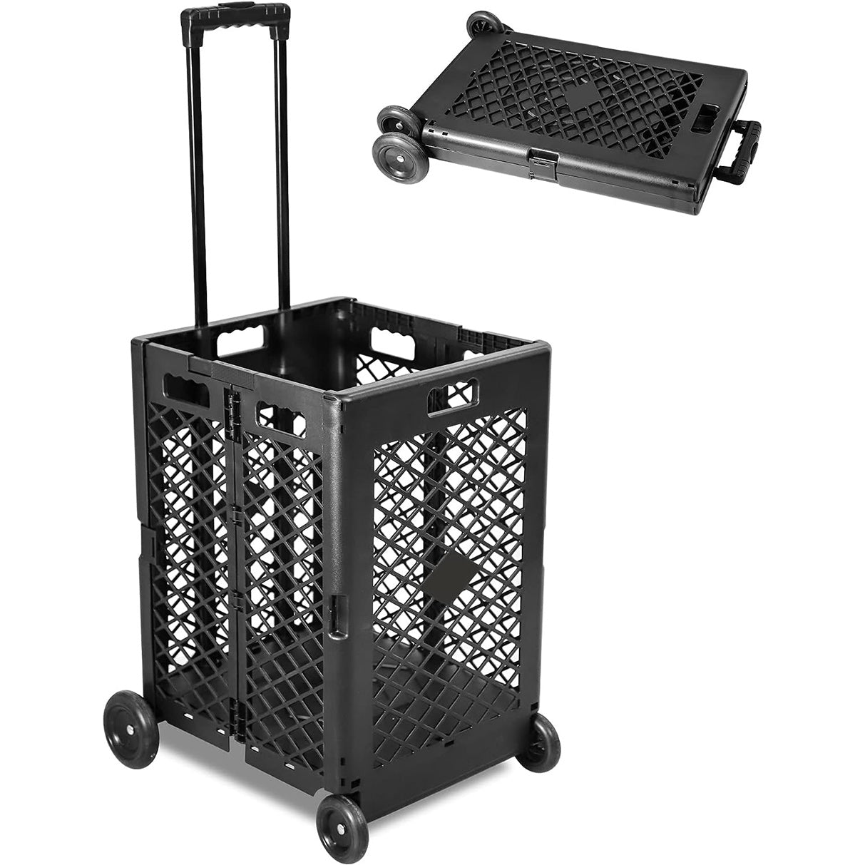 Foldable Rolling Crate with Wheels, Folding Heavy Duty Collapsible Basket with Telescopic Handle, Capacity Rolling Cart for Shopping,Travel, Laundry, Support to 66 lbs, Black, Large