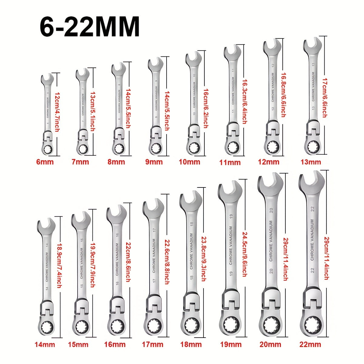 Flex Head Ratcheting Wrench Set, Combination Ended Spanner Kits, Chrome Vanadium Steel Hand Tools Socket Key Ratchet Wrench Set