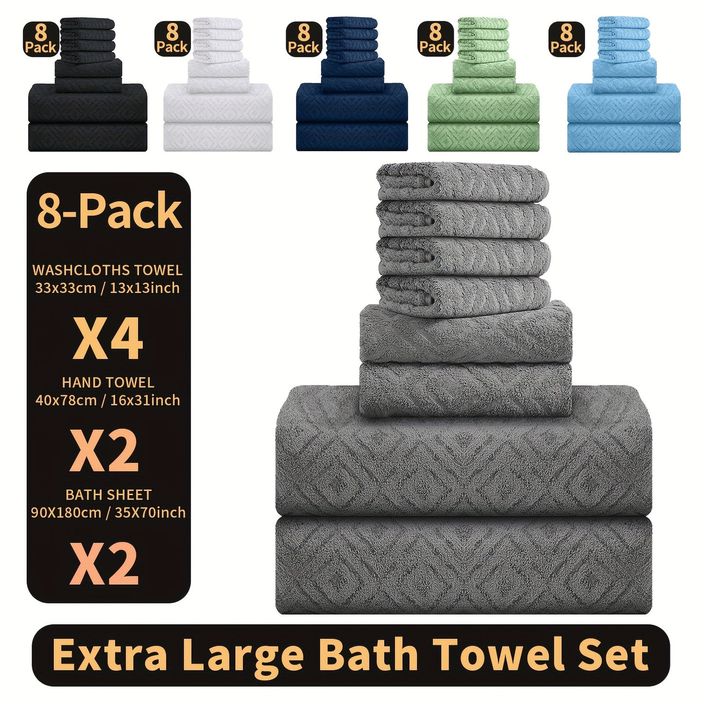 8 Piece Extra Large Bath Towel, Ultra-Soft Thick Bath Towel Highly Absorbent Quick Dry Towel 750GSM Includes 2 Oversized Bath Towels & 2 Hand Towels & 4 Towels for Bathroom Hotels Gym