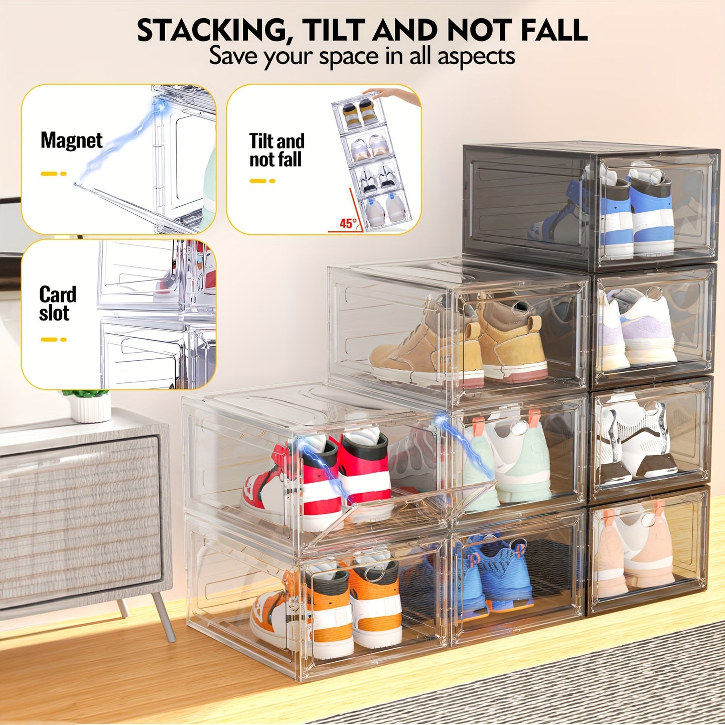 Stackable Clear Shoe Organizer Boxes - Magnetic Front Door, Harder Solid Plastic Construction, Space-Saving Closet Storage, Sneaker Display Case with Dust-Proof Design for Men and Women