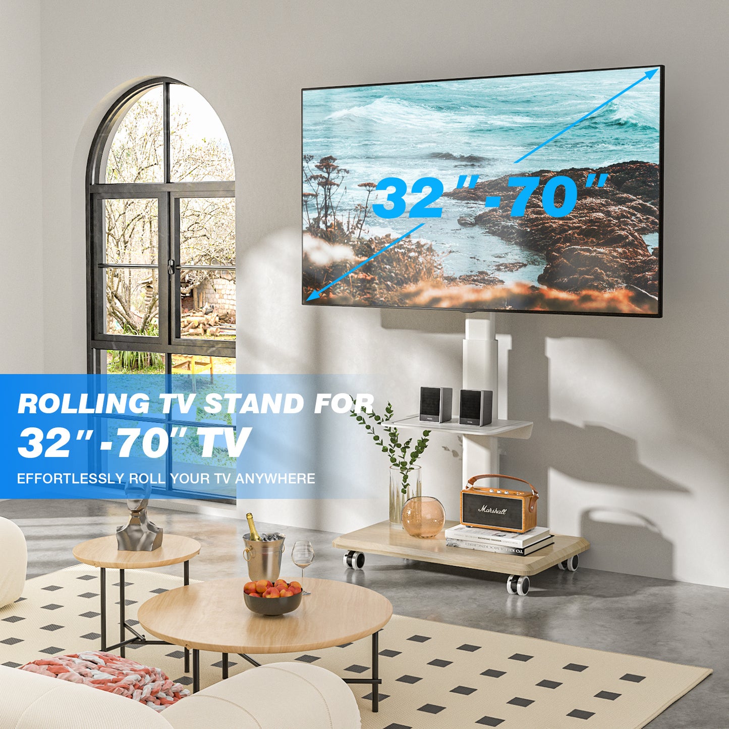 Sleek Rolling TV Stand with Power Outlet for Home Decor, Height Adjustable Portable TV Stand on Wheels for 32-70 Inch TVs, Strong Tall Mobile TV Cart with Mount Up to 88 lbs, White