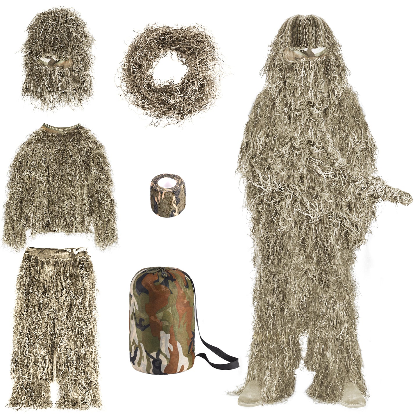 6 in 1 Ghillie Suit,Jungle greendesert yellow 3D Camouflage Hunting Apparel Including Jacket, Pants, Hood, Carry Bag and Camo Tapes Bushman Costume Suitable for Men, Hunters