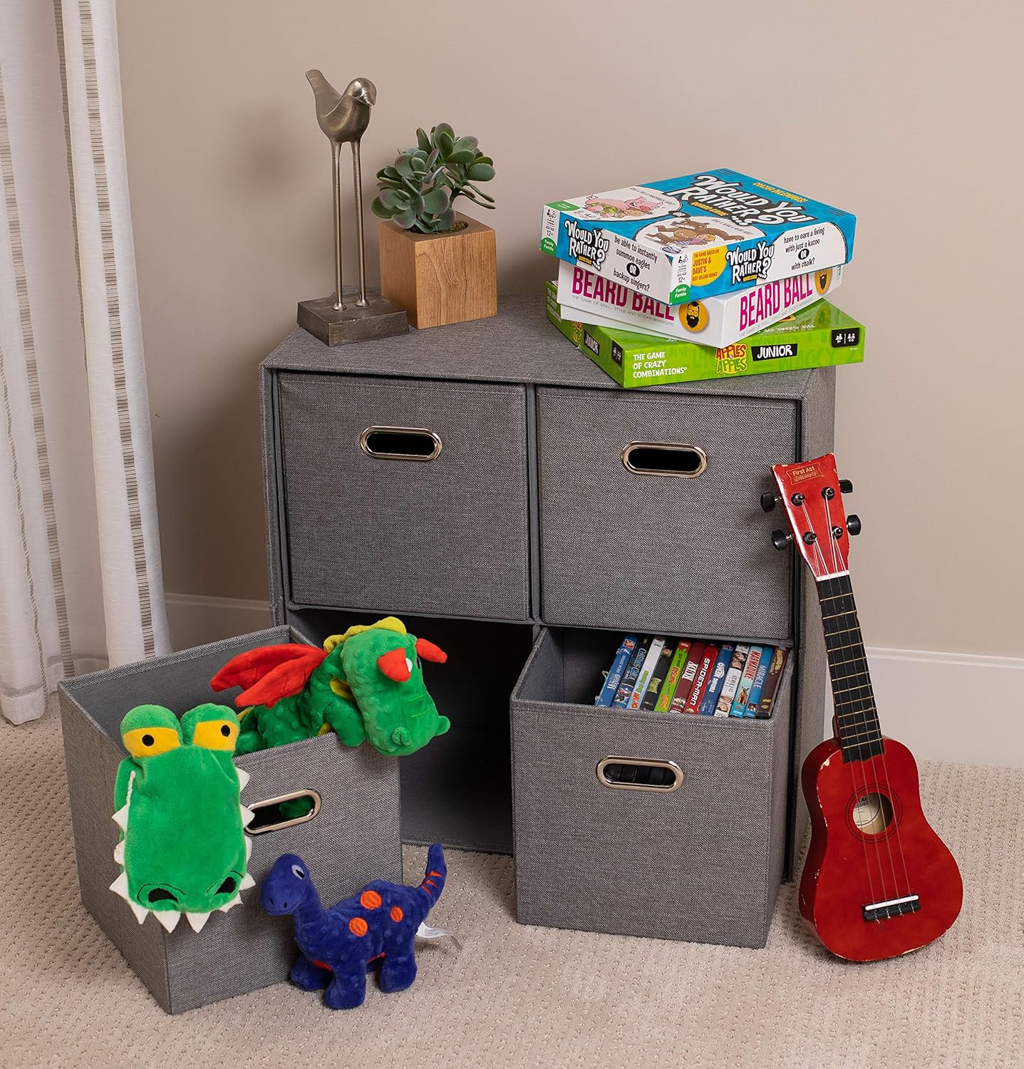 Linen Cube Organizer Shelf with 4 Storage Bins - Durable, Collapsible Multi-Purpose Shelving Unit for Bedroom, Closet, or Dorm, Compact Cubbie Shelf for Toys, Clothes, or Towels