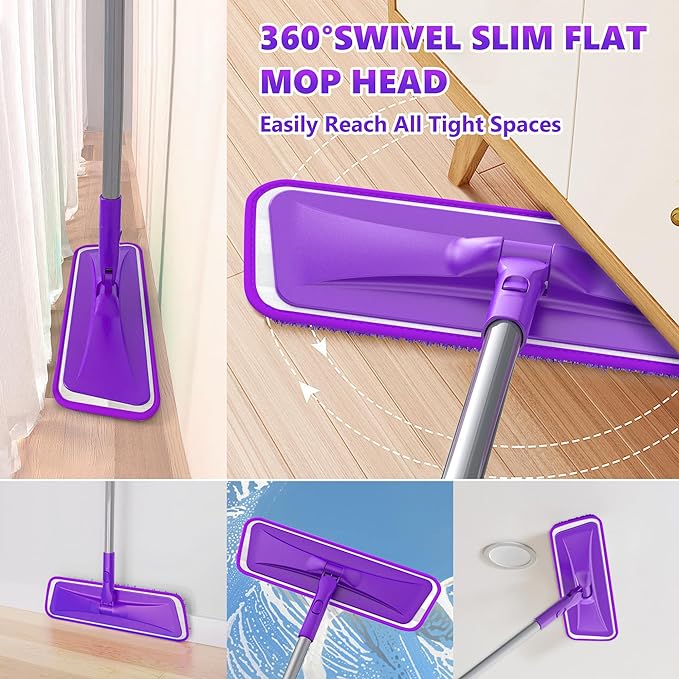 Microfiber Mops for Floor Cleaning - Flat Floor Mop Wet Dry Dust Mop for Hardwood Floors Laminate Wood Tile Vinyl Wall Hard Surface, Bathroom Kitchen Mop with 4 Reusable Washable Chenille Pads