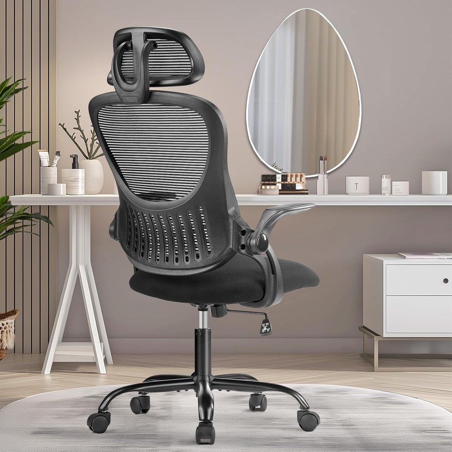 Home Office Desk Chair, Ergonomic High-Back Mesh Rolling Work Computer Chairs with Wheels and Adjustable Headrests, Comfortable Lumbar Support, Comfy Flip-up Arms for Bedroom, Study