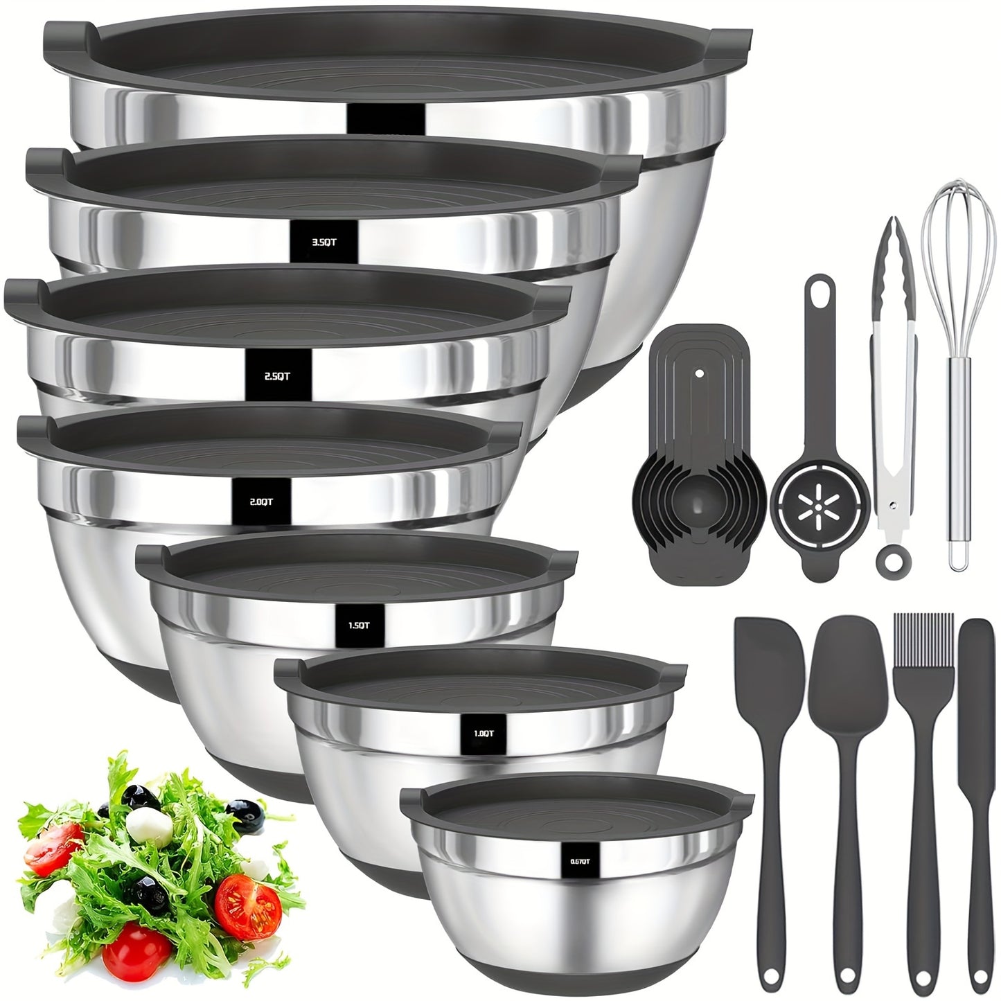 20 Piece Stainless Steel Bowls With Airtight Lids, Non-Slip Colorful Silicone Bottom, Size 7, 3.5, 2.5, 2.0, 1.5, 1, 0.67QT, Great For Mixing, Baking, Serving