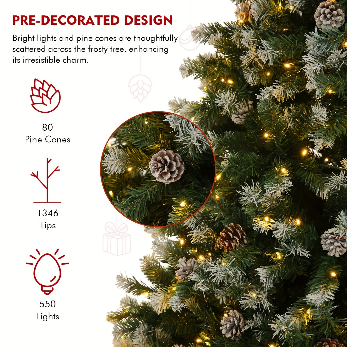 7FT Hinged Artificial Christmas Tree with 550 Lights, 80 Pine Cones, Partially Flocked & Foldable Metal Base for Home, Store, Office Party Decoration