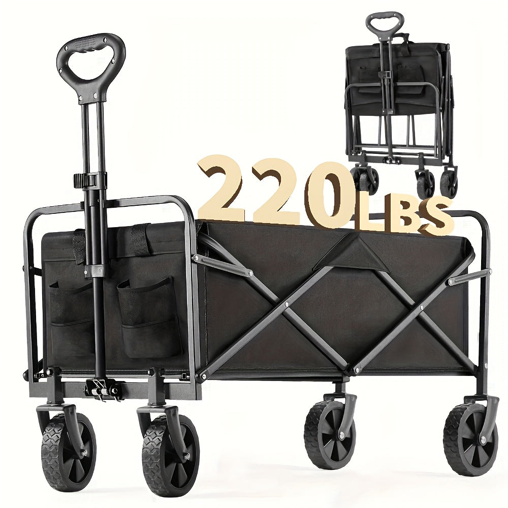 220LBS/330LBS Folding Wagon Cart, Heavy Duty Utility Portable Foldable Outdoor Beach Garden Cart With 360°All Terrain Wheels, Side Pockets, Large Capacity Collapsible Wagon For Camping, Sports, Yard, Lawn And Gardening