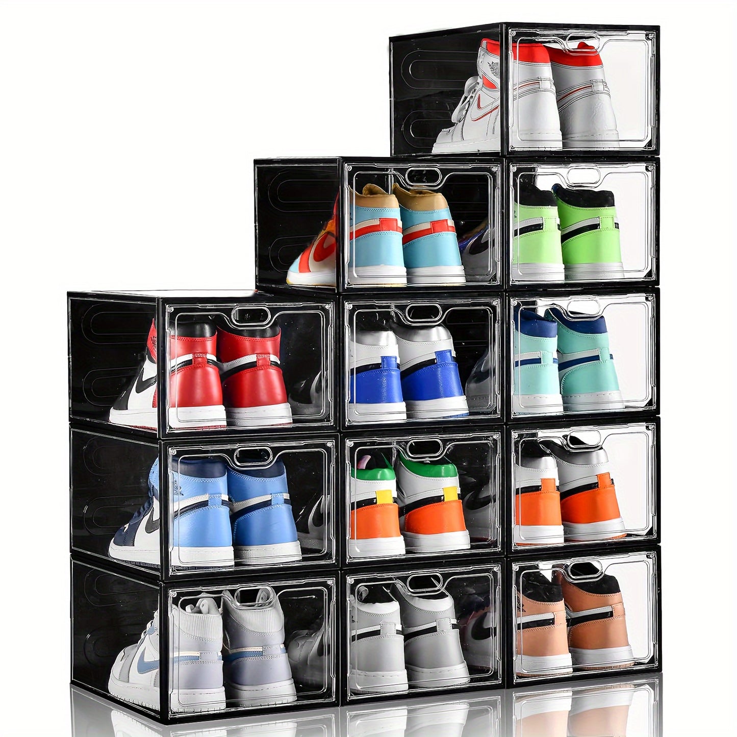 6/12 Pack Shoes Box, Shoes Storage With Magnetic Door, Shoe Box For Closet, Sneaker Case, Fit Up To US Size 12 For Men/Women13.4"x 9.8"x 7.1", Clear/Black/Ashy/Black With Clear