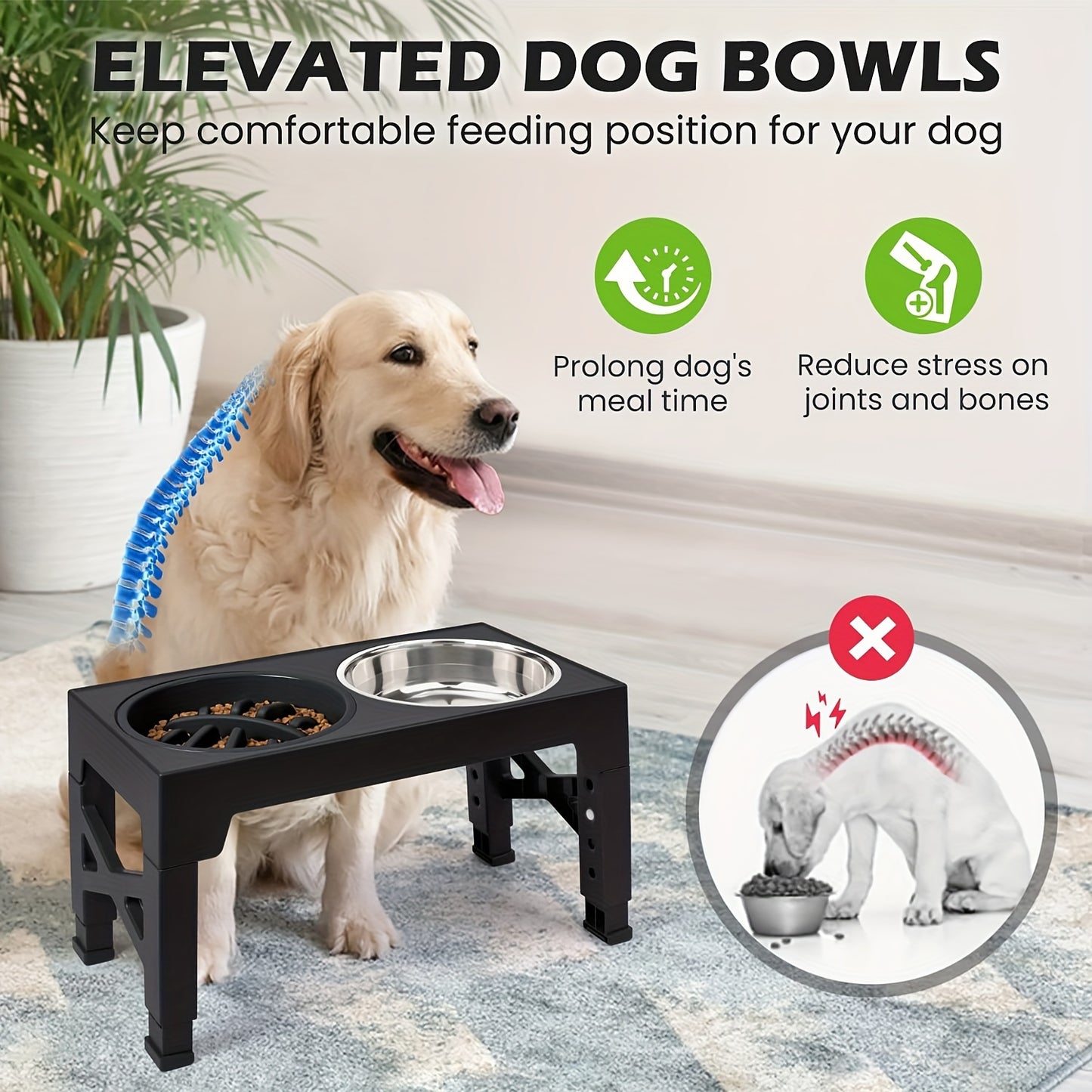 Elevated Dog Bowls, 5 Adjustable Heights Raised Dog Bowl Stand, With 2 Stainless Steel Dog Food Bowls And 1 Slow Feeder Dog Bowl, Adjusts To Height 3.2" To 12.2" For Small Medium Large Dogs