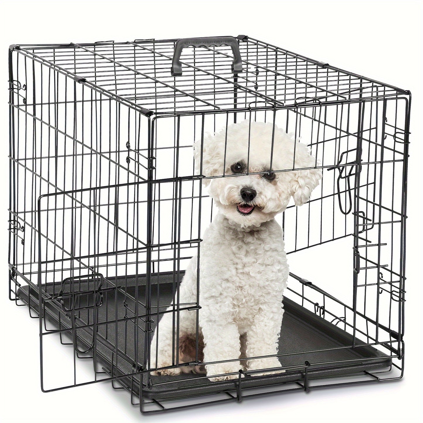 Dog Crate with Divider Panel Double Door, Folding Metal Wire Dog Cage with Plastic Leak-Proof Pan Tray, Pet Kennel for Indoor, Outdoor, and Travel