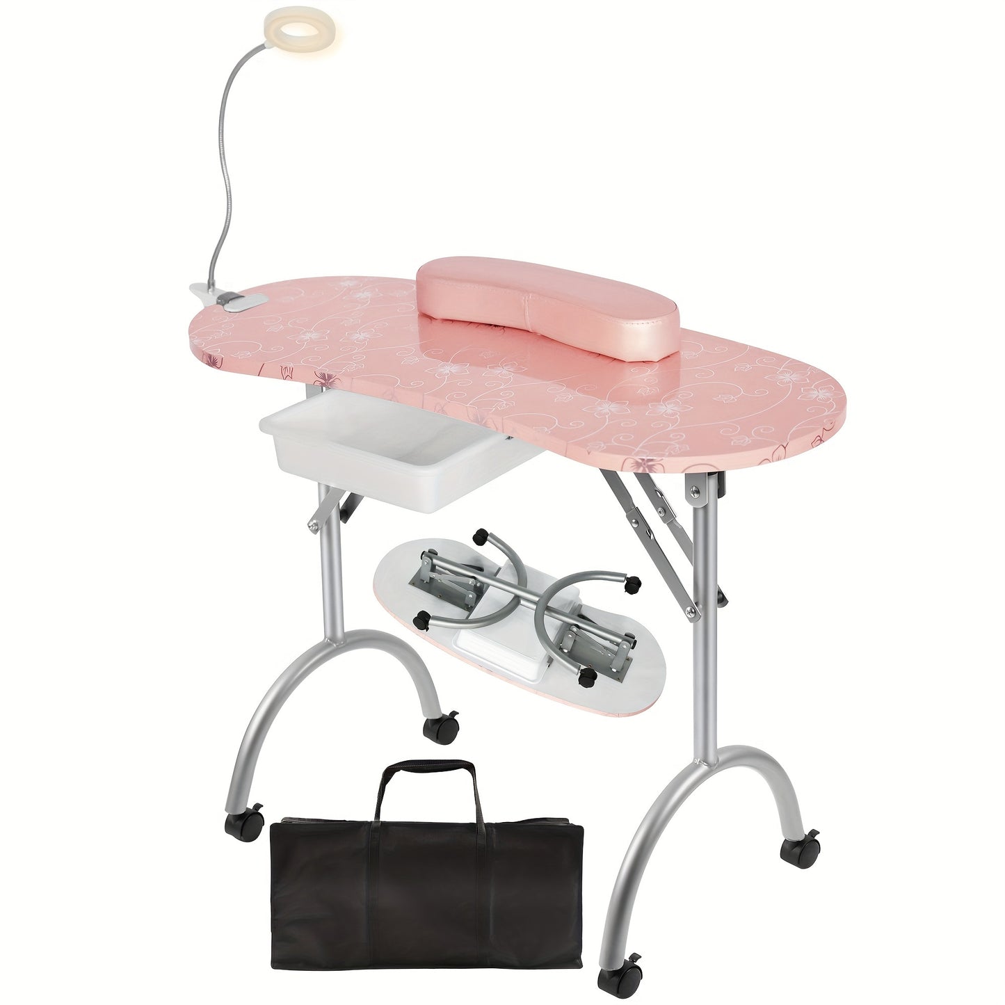 Professional Portable Manicure Station - Foldable Nail Table with Spacious Drawer, LED Lamp, 4 Lockable Wheels, Carry Bag, Wrist Cushion, and Ergonomic Design for Comfortable Nail Care