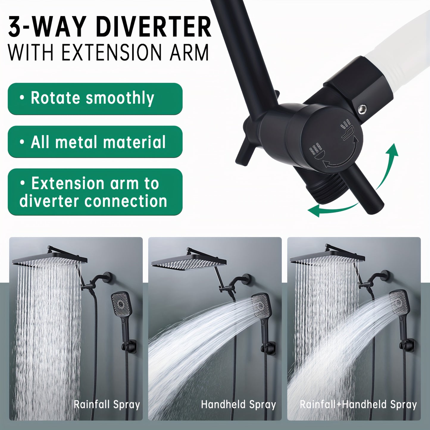 Shower Heads with Handheld Spray Combo, 13 Inches Rain Shower Head with 4-Mode Shower Wand, and 13 Inches Adjustable Arm, 3-Way Shower Diverter Valve, Extra Long Hose (Matte Black)