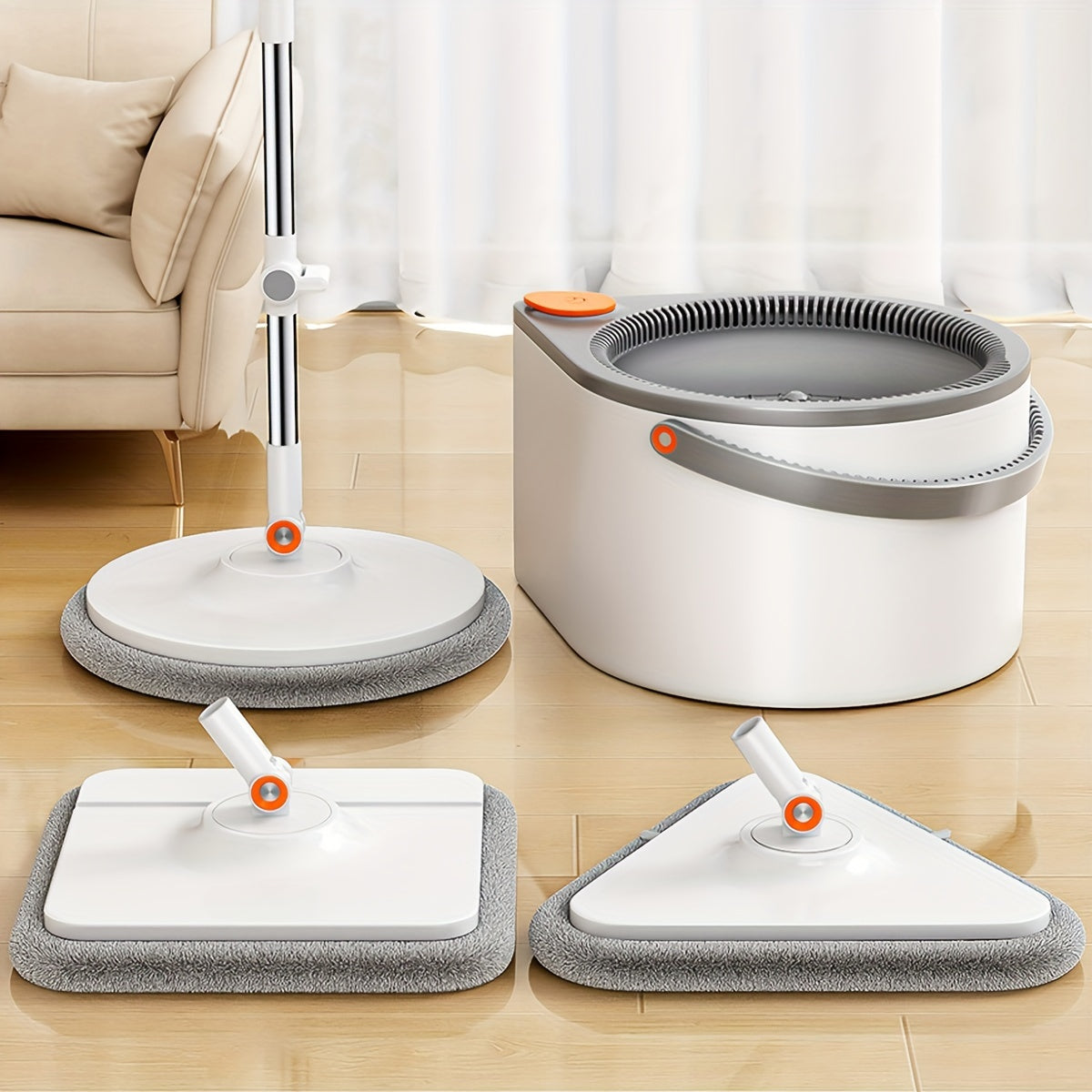 Spin Mop  and Bucket System, Includes Three Types Mop Heads, Dual Compartment Mop Bucket and Thick Washable Microfiber Mop Pads