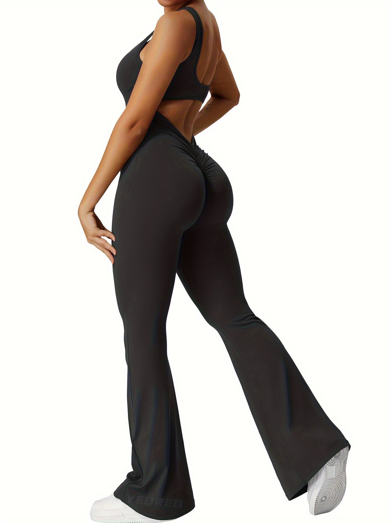 Women's Sleeveless Fitness Jumpsuit Flared Pants Built-in Bra Yoga Ribbed Jumpsuit Exercise Jumpsuit Tummy Trimming V-Back Hip Lifting Jumpsuit Tight Backless Sexy Jumpsuit Flared Pants