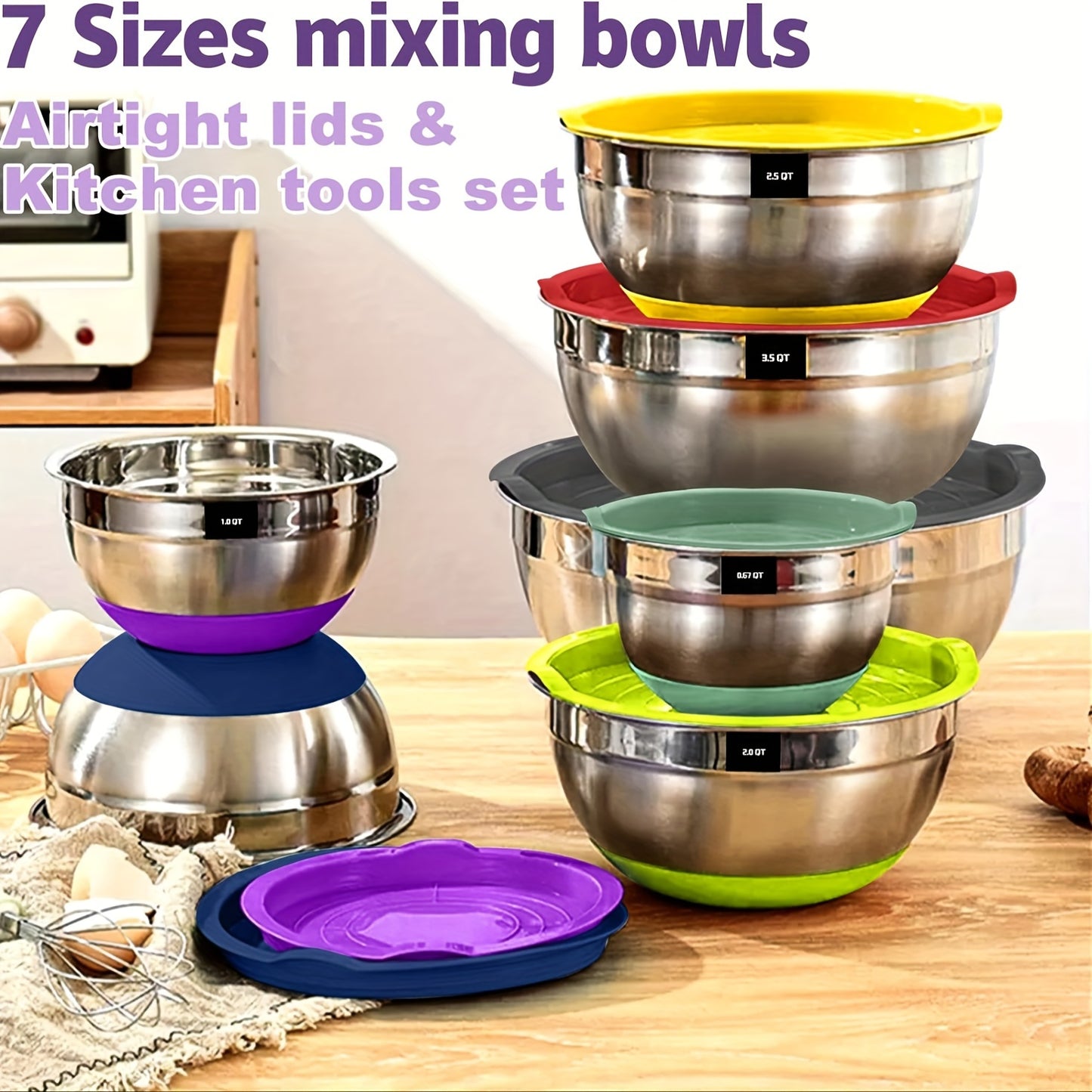 20 Piece Stainless Steel Bowls With Airtight Lids, Non-Slip Colorful Silicone Bottom, Size 7, 3.5, 2.5, 2.0, 1.5, 1, 0.67QT, Great For Mixing, Baking, Serving