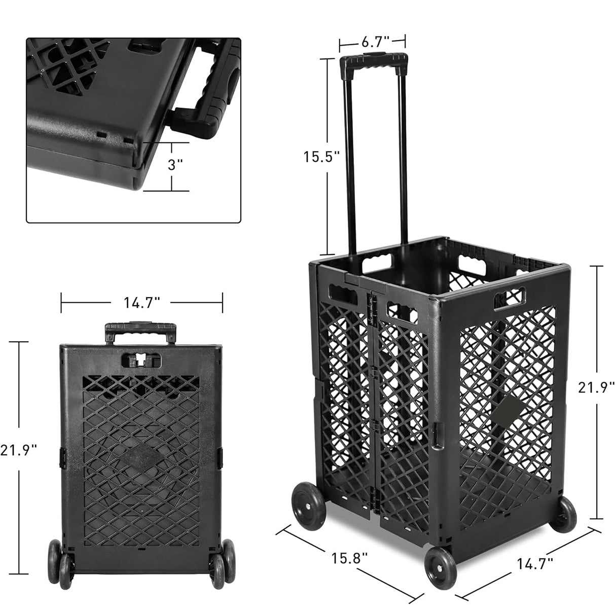 Foldable Rolling Crate with Wheels, Folding Heavy Duty Collapsible Basket with Telescopic Handle, Capacity Rolling Cart for Shopping,Travel, Laundry, Support to 66 lbs, Black, Large