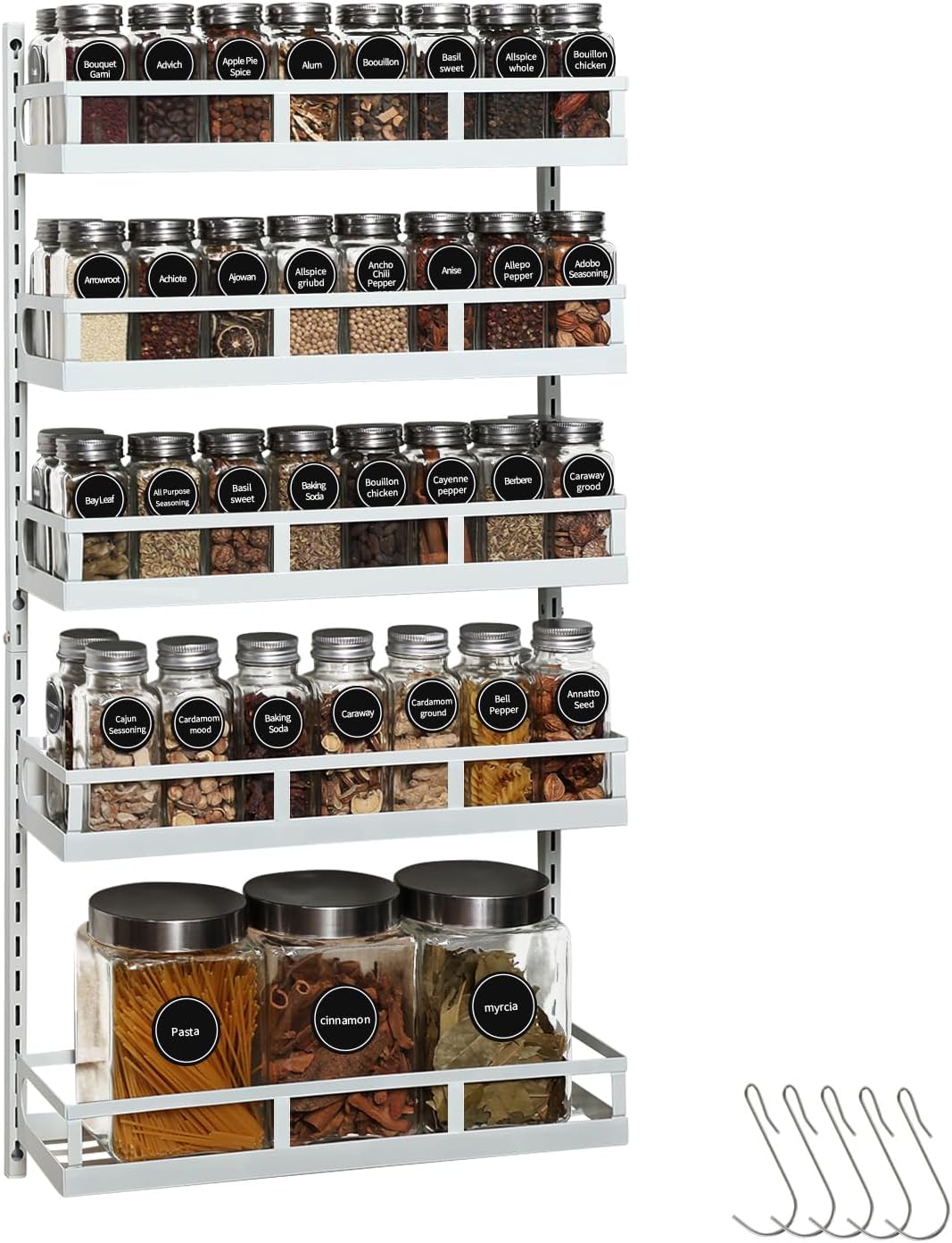 Wall Mount Spice Rack Organizer 5-tier Height-Adjustable Hanging Spice Shelf Storage For Kitchen Pantry Cabinet, Dual-Use Seasoning Holder Rack With Hooks