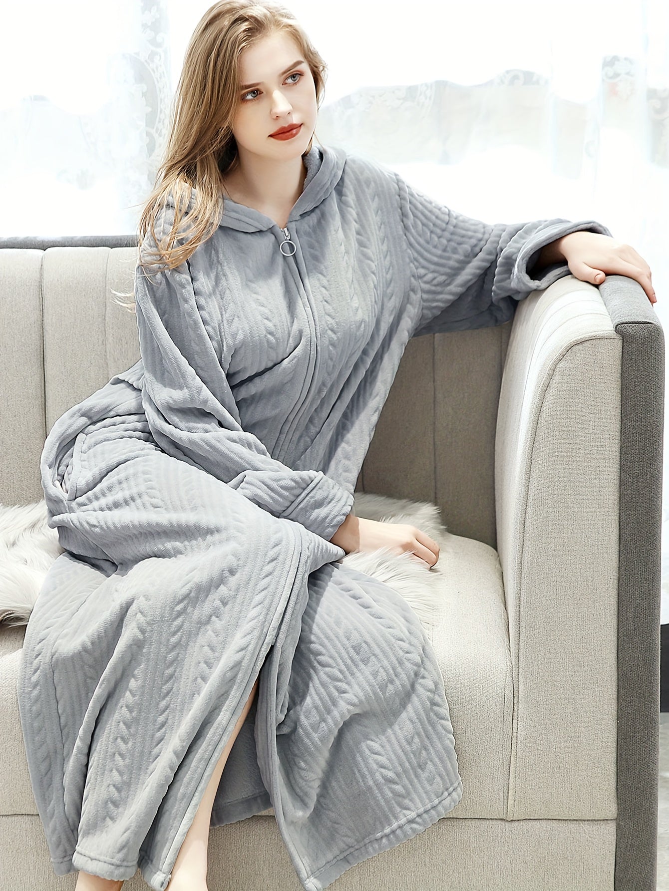 Long Flannel Fleece Hooded Zipper Bathrobe for Women - Winter Warm Housecoat Nightgown Sleepwear Pajamas