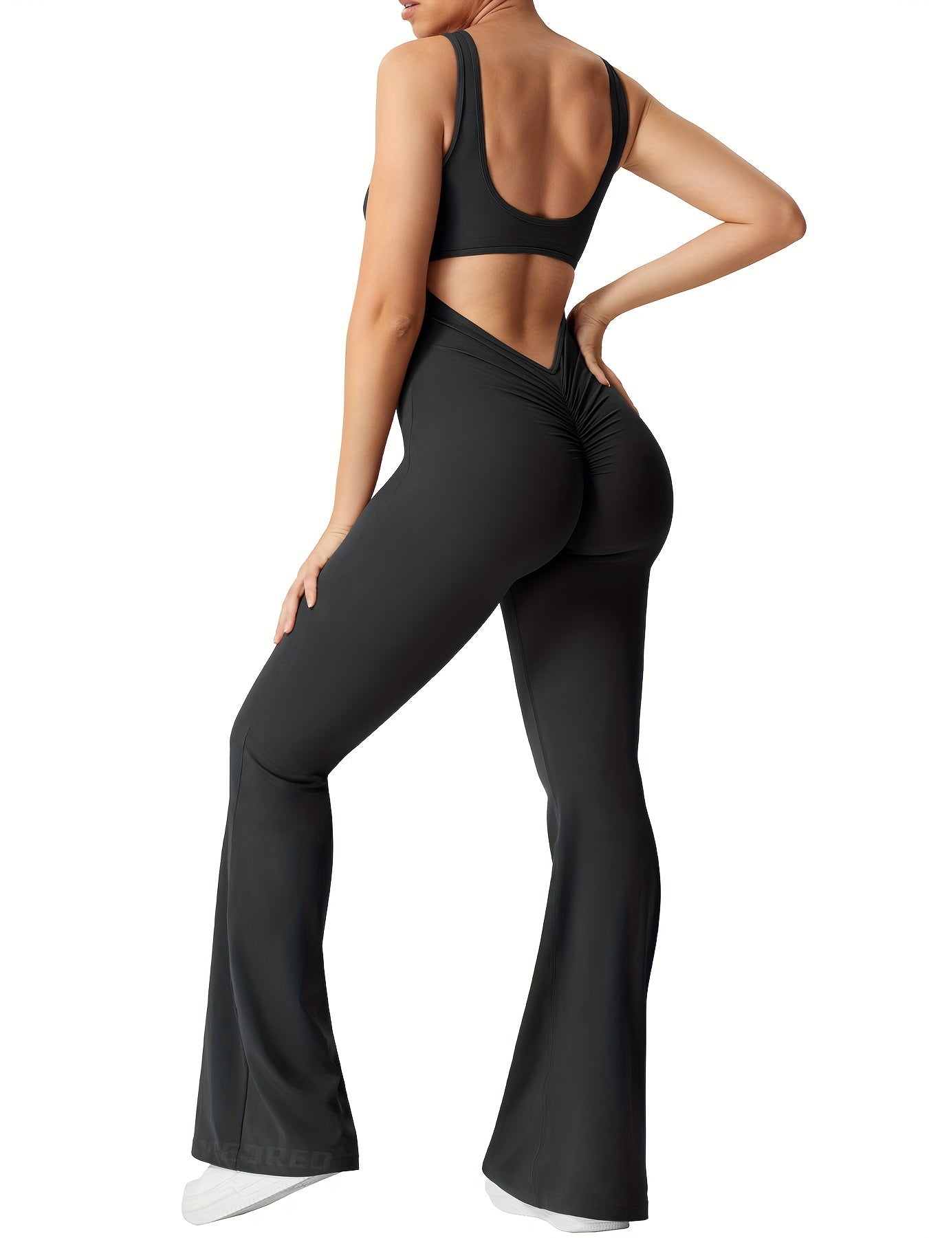 Women's Sleeveless Fitness Jumpsuit Flared Pants Built-in Bra Yoga Ribbed Jumpsuit Exercise Jumpsuit Tummy Trimming V-Back Hip Lifting Jumpsuit Tight Backless Sexy Jumpsuit Flared Pants