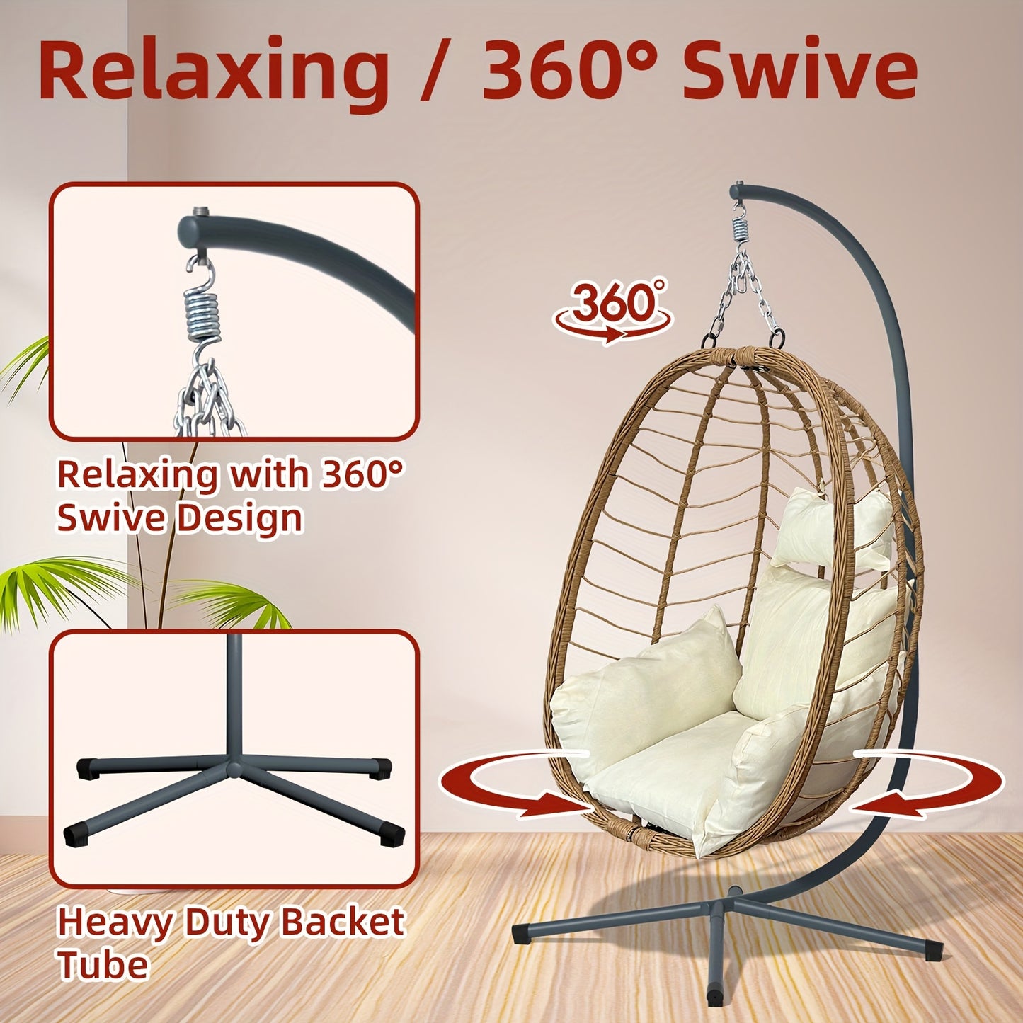 Egg Chair With Stand Outdoor Foldable Patio Wicker Hanging Swing Chairs 350LBS Capacity For Patio, Porch, Balcony, Bedroom