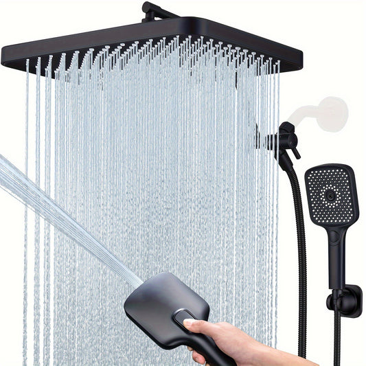 Shower Heads with Handheld Spray Combo, 13 Inches Rain Shower Head with 4-Mode Shower Wand, and 13 Inches Adjustable Arm, 3-Way Shower Diverter Valve, Extra Long Hose (Matte Black)