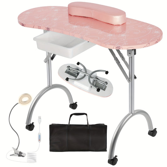 Professional Portable Manicure Station - Foldable Nail Table with Spacious Drawer, LED Lamp, 4 Lockable Wheels, Carry Bag, Wrist Cushion, and Ergonomic Design for Comfortable Nail Care