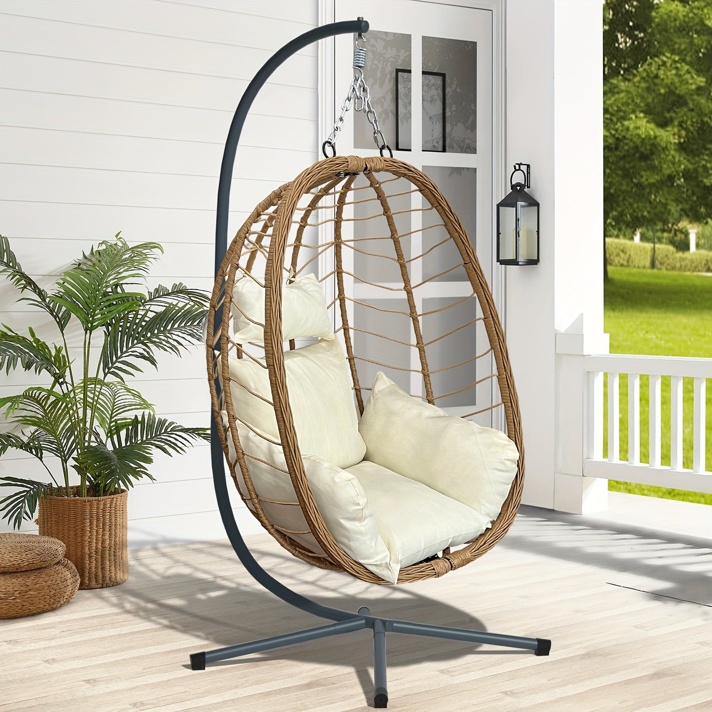 Egg Chair With Stand Outdoor Foldable Patio Wicker Hanging Swing Chairs 350LBS Capacity For Patio, Porch, Balcony, Bedroom