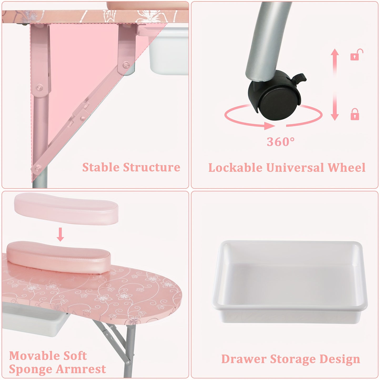 Professional Portable Manicure Station - Foldable Nail Table with Spacious Drawer, LED Lamp, 4 Lockable Wheels, Carry Bag, Wrist Cushion, and Ergonomic Design for Comfortable Nail Care