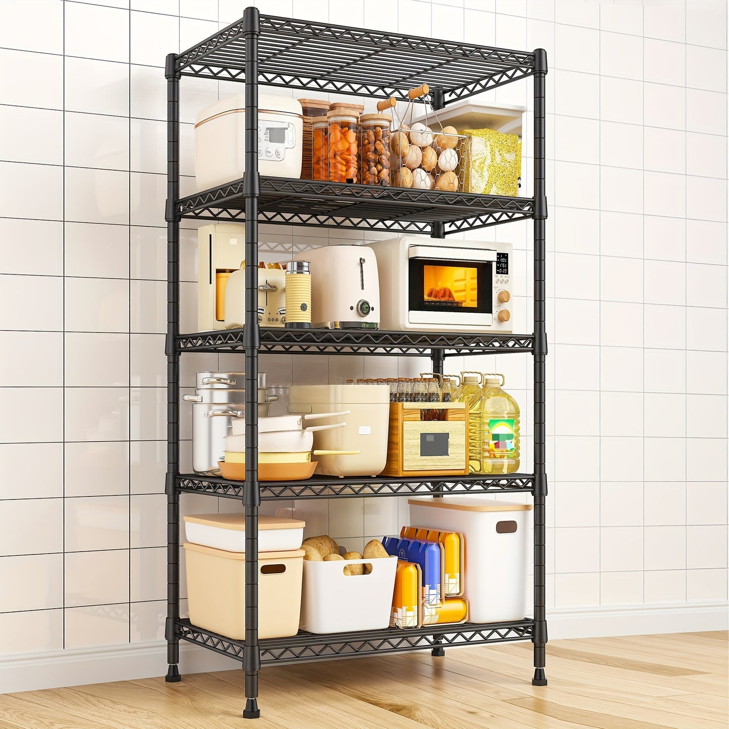 5-Tier Shelving Units 62" Adjustable Storage Shelves Sturdy Wire Shelf Adjustable Metal Shelves Detachable Storage Rack For Kitchen Laundry Living Room Heavy Duty Organizers And Storage Shelf, 11.6"D X 21.5"W X 62.5"H