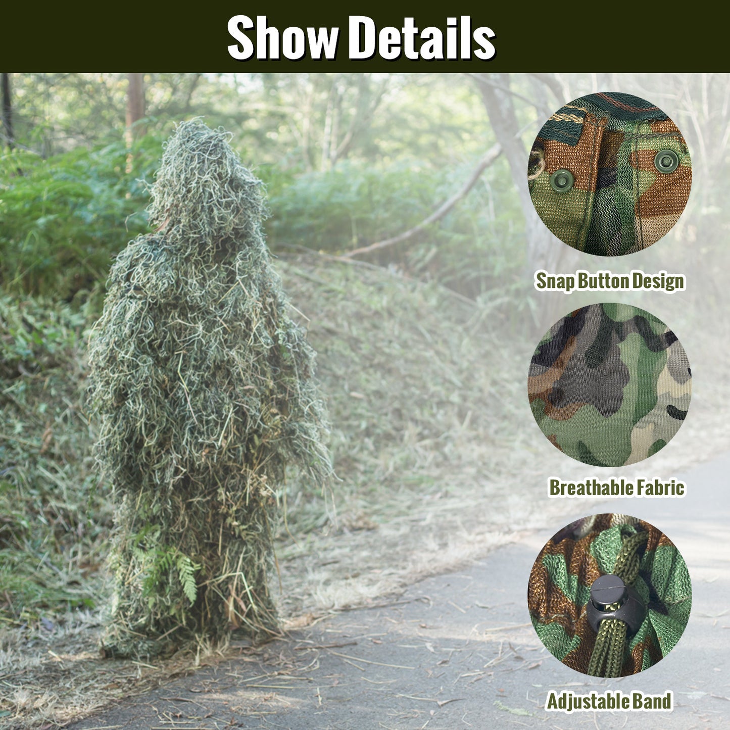 6 in 1 Ghillie Suit,Jungle greendesert yellow 3D Camouflage Hunting Apparel Including Jacket, Pants, Hood, Carry Bag and Camo Tapes Bushman Costume Suitable for Men, Hunters